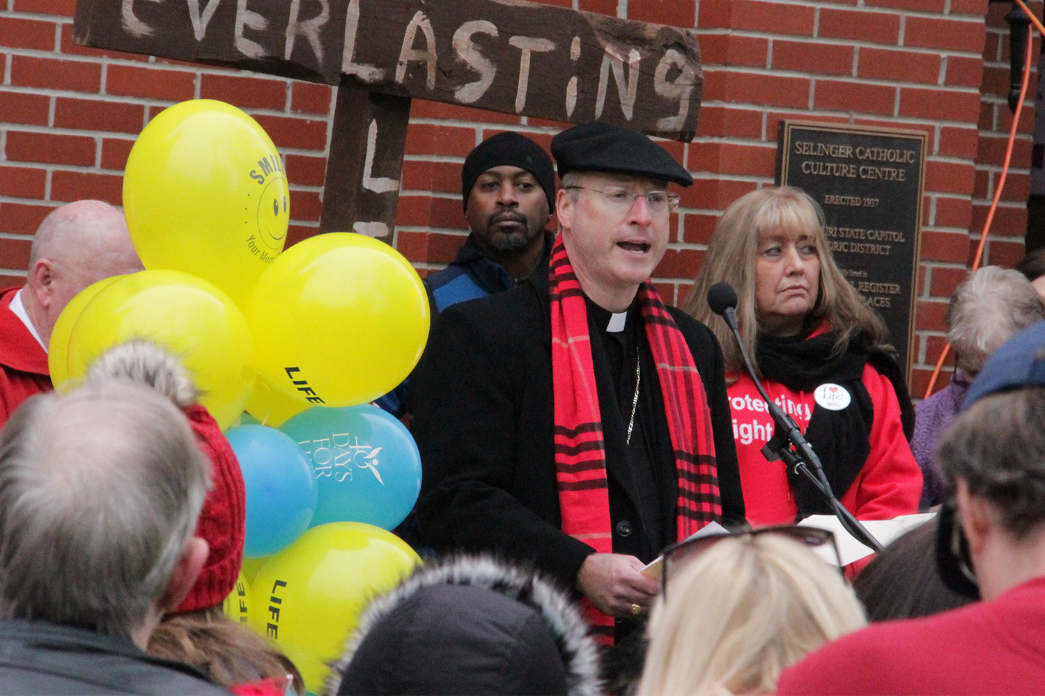 Bishop W. Shawn McKnight speaks at a pre-march rally outside the Selinger Centre at St. Peter Church during the Midwest March for Life, Feb. 1 in Jefferson City.